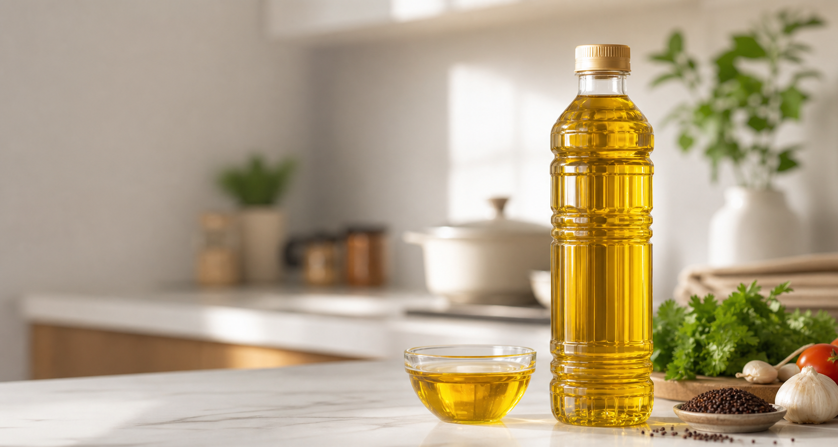 Pure mustard oil bottle in a clean kitchen